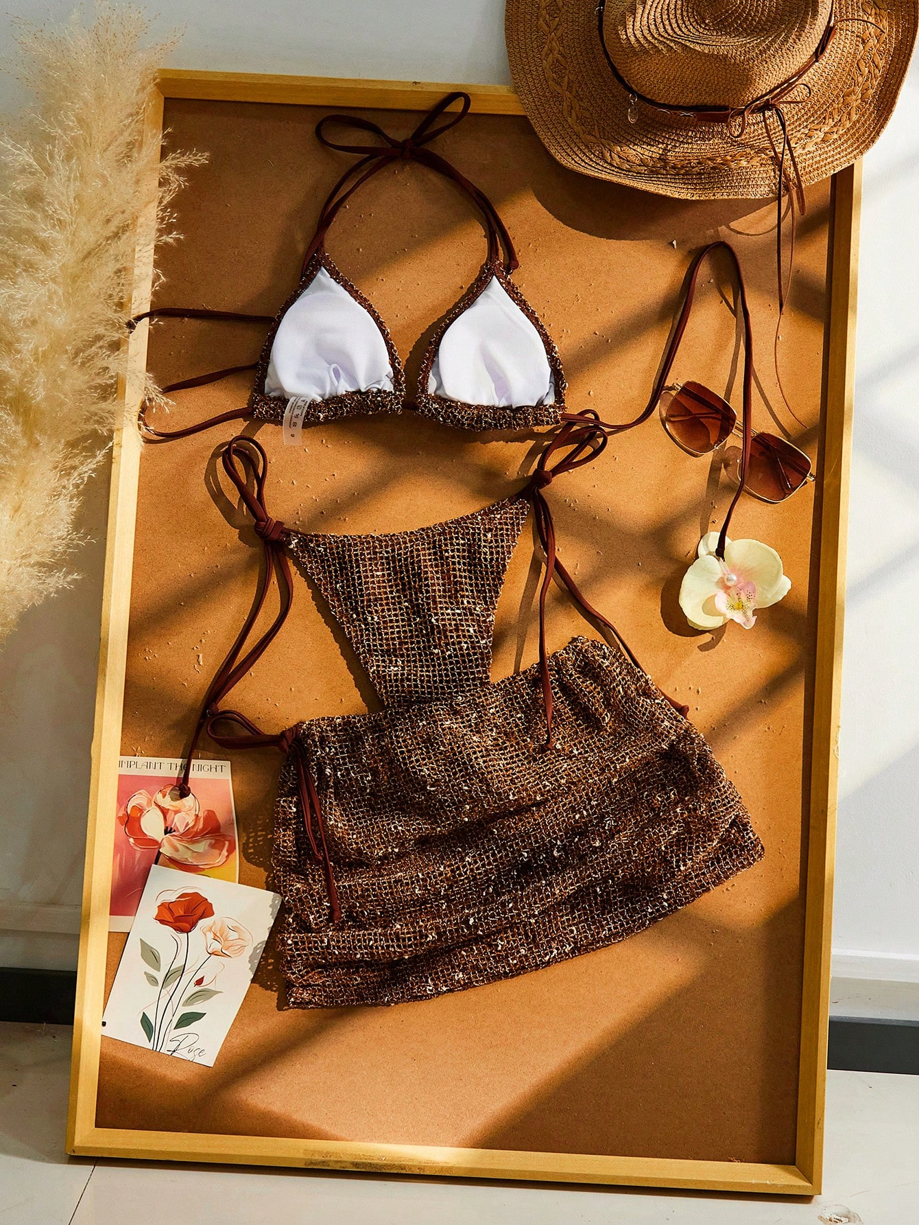 Bohemian Sequin Crochet Halter Tie Back Bikini Set With Cover Up