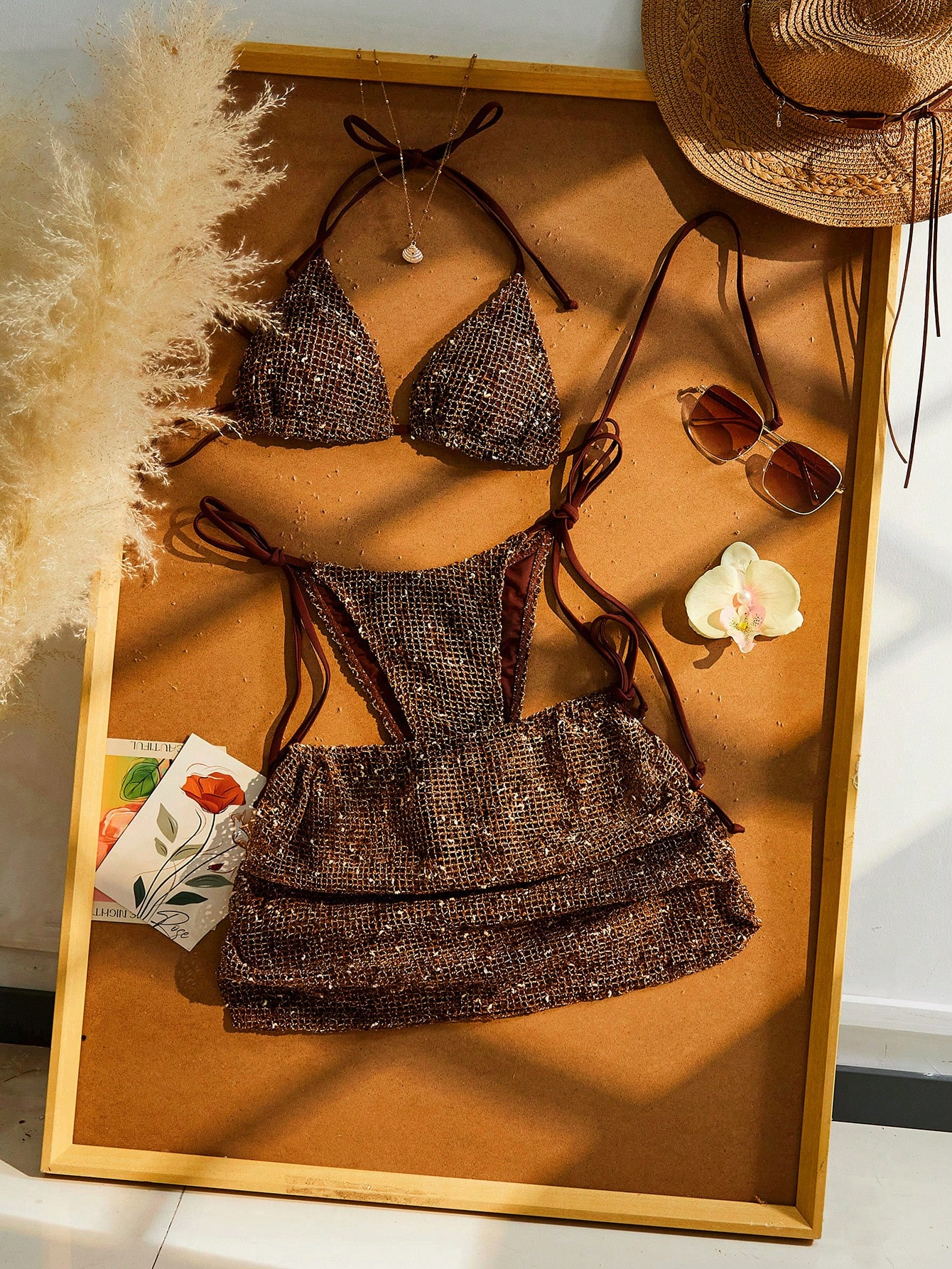 Bohemian Sequin Crochet Halter Tie Back Bikini Set With Cover Up