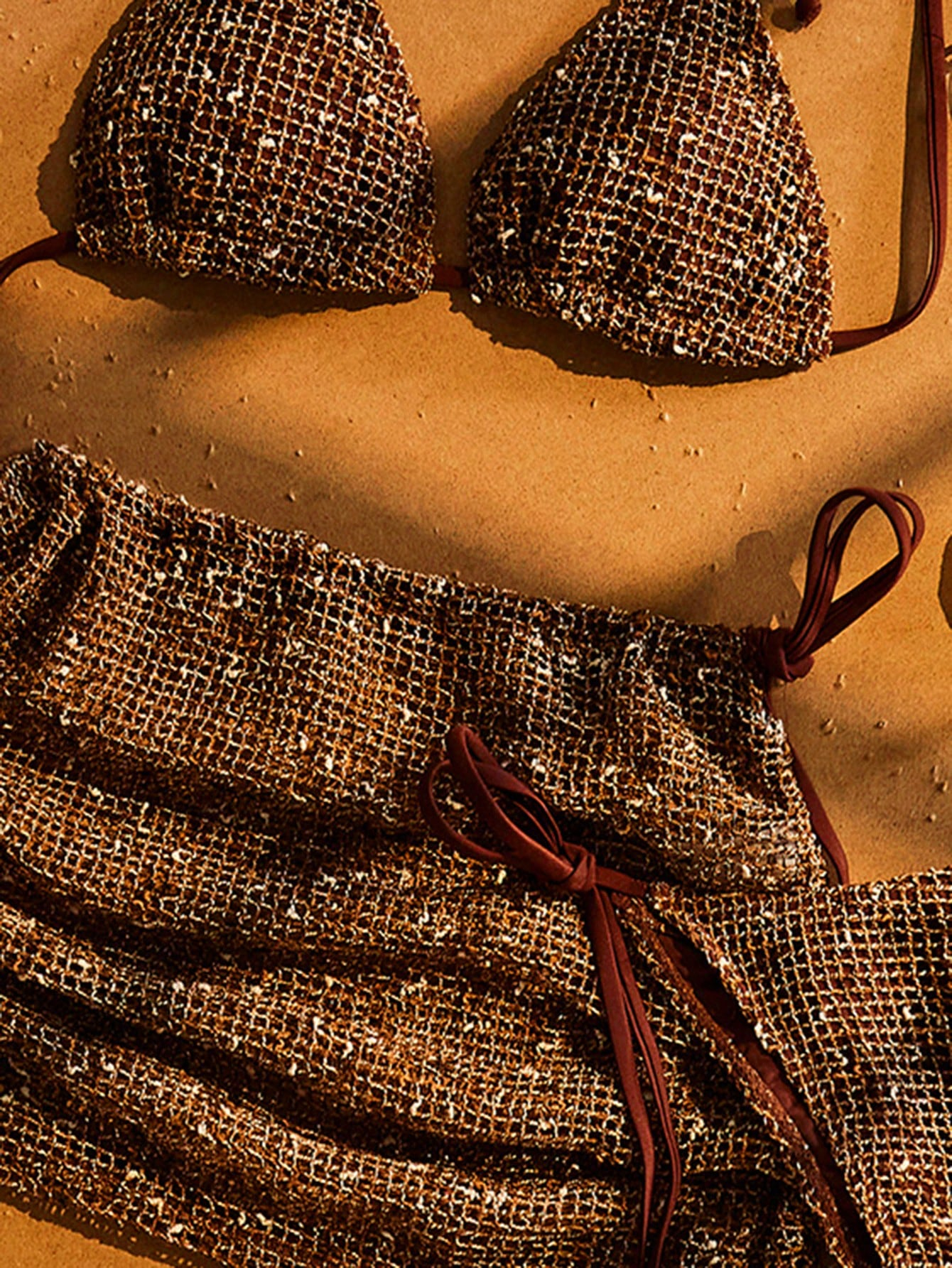 Bohemian Sequin Crochet Halter Tie Back Bikini Set With Cover Up