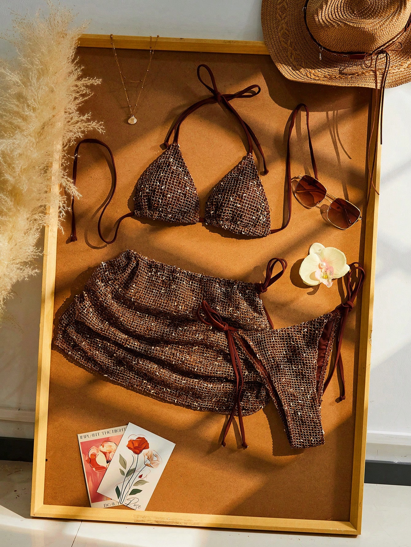 Bohemian Sequin Crochet Halter Tie Back Bikini Set With Cover Up