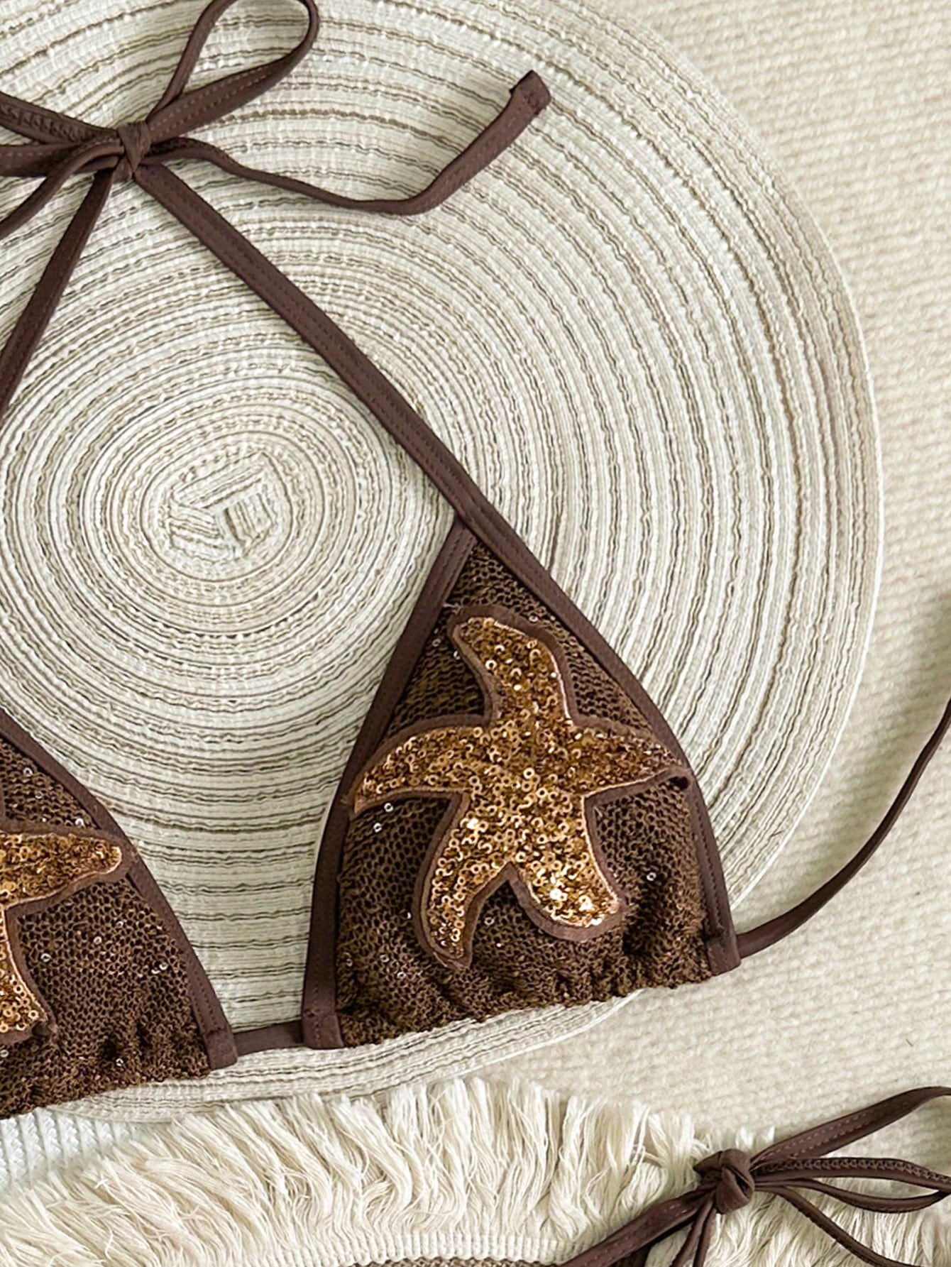 Sequin Starfish Graphic Halter Tie Side Bikini Set