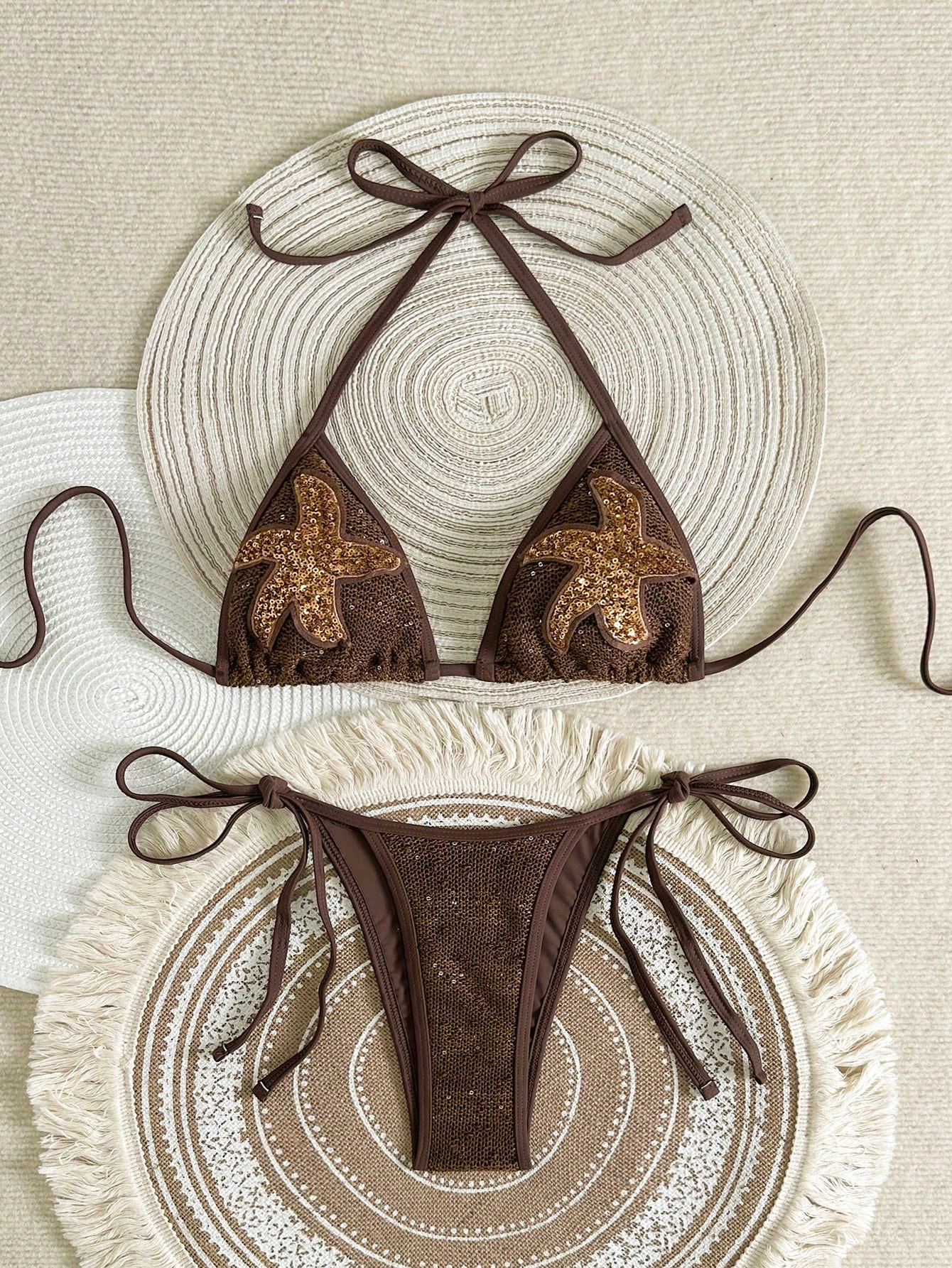 Sequin Starfish Graphic Halter Tie Side Bikini Set