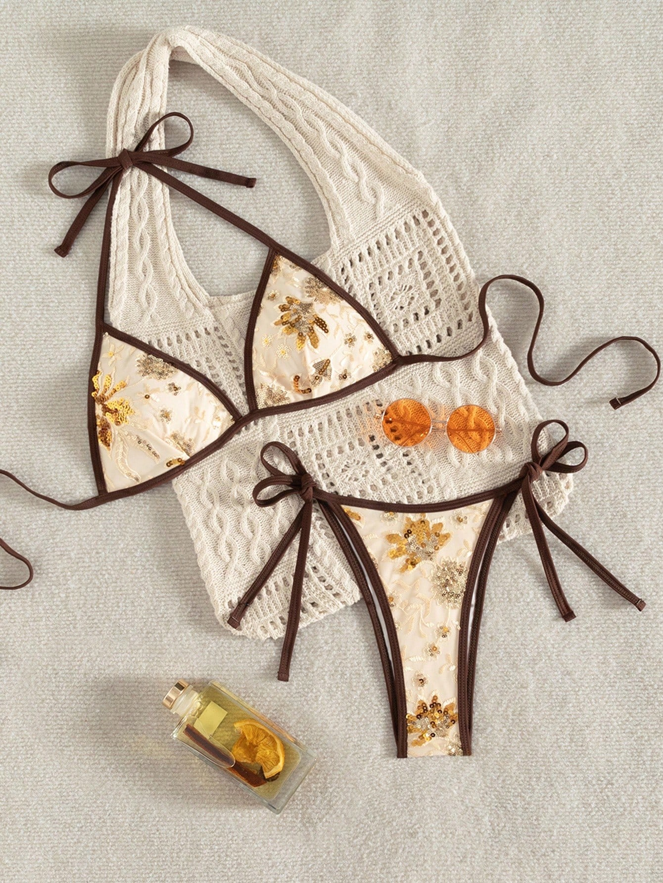 Embroidered Sequin Halter Tie Side Bikini Set