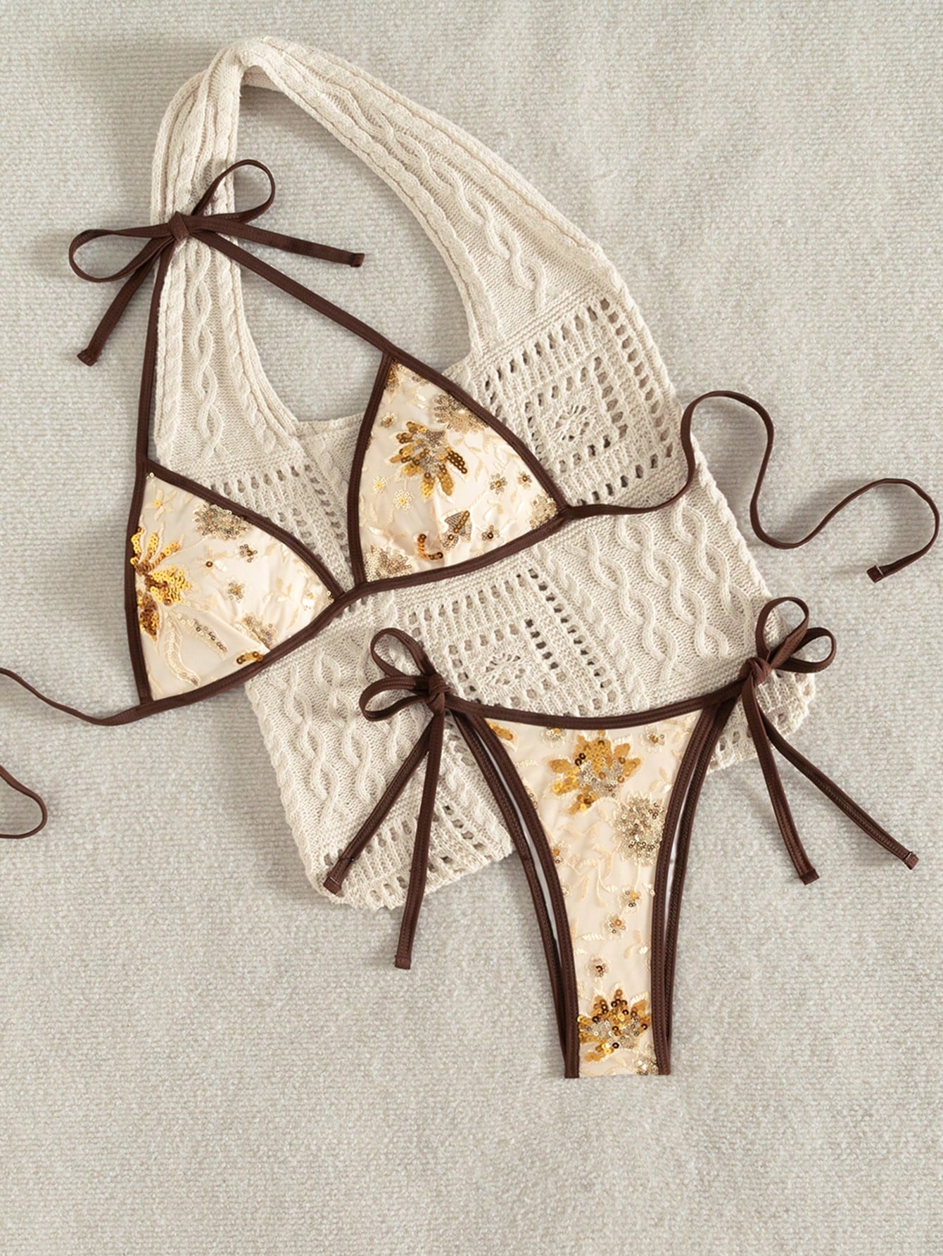 Embroidered Sequin Halter Tie Side Bikini Set