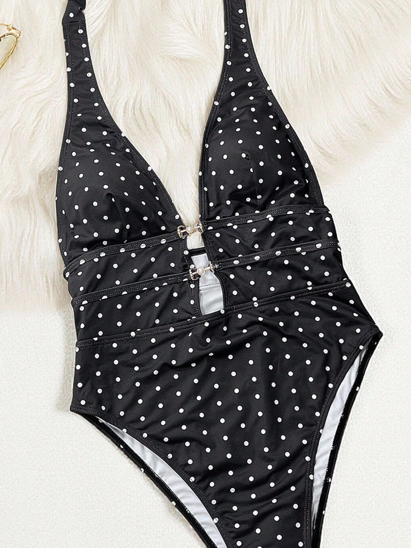 Polka Dot Halter Cut Out Pearl Accent One Piece Swimsuit