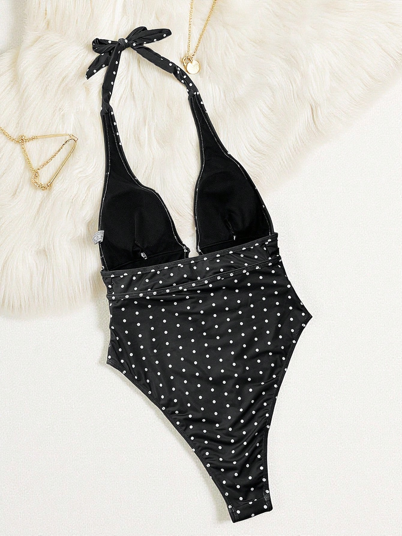 Polka Dot Halter Cut Out Pearl Accent One Piece Swimsuit