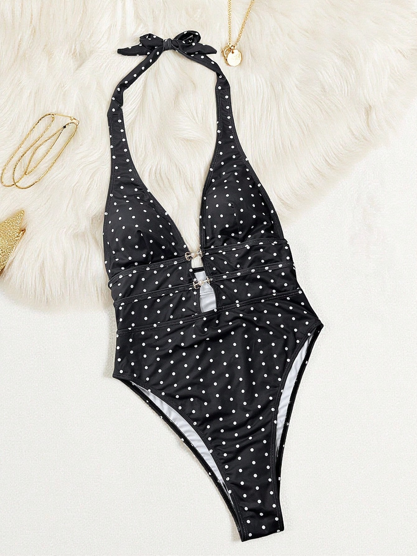 Polka Dot Halter Cut Out Pearl Accent One Piece Swimsuit