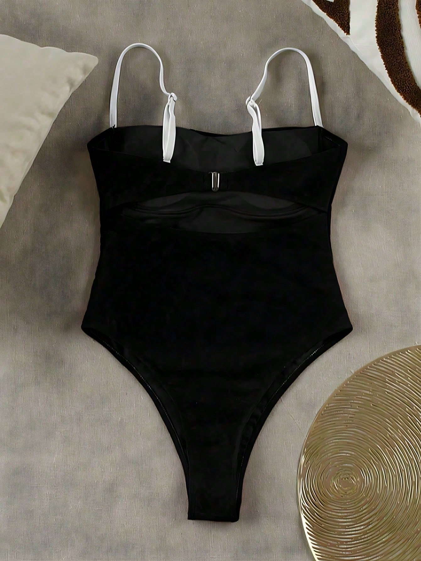 Black & White Contrast Spaghetti Strap One-Piece Swimsuit