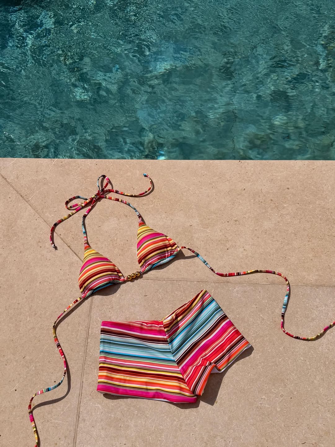 Striped Bikini Set With Bead Detail And Skirted Bottom