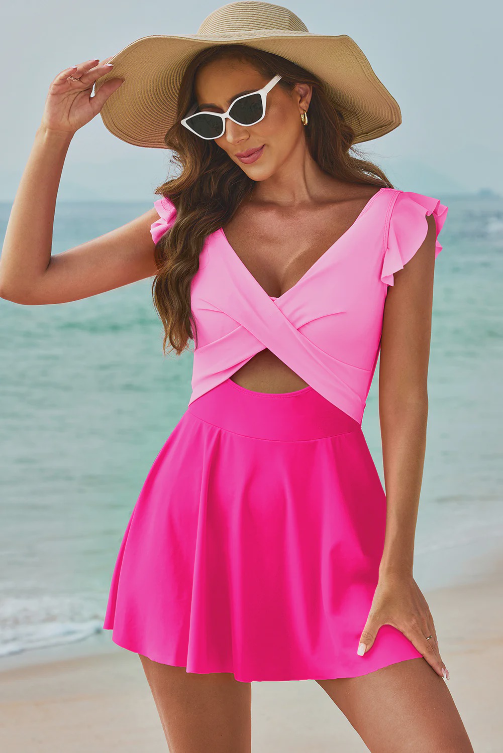 Ruffle Cap Sleeve Wrap Cutout Swim Dress With Separate Brief Bottom 2 Piece Set