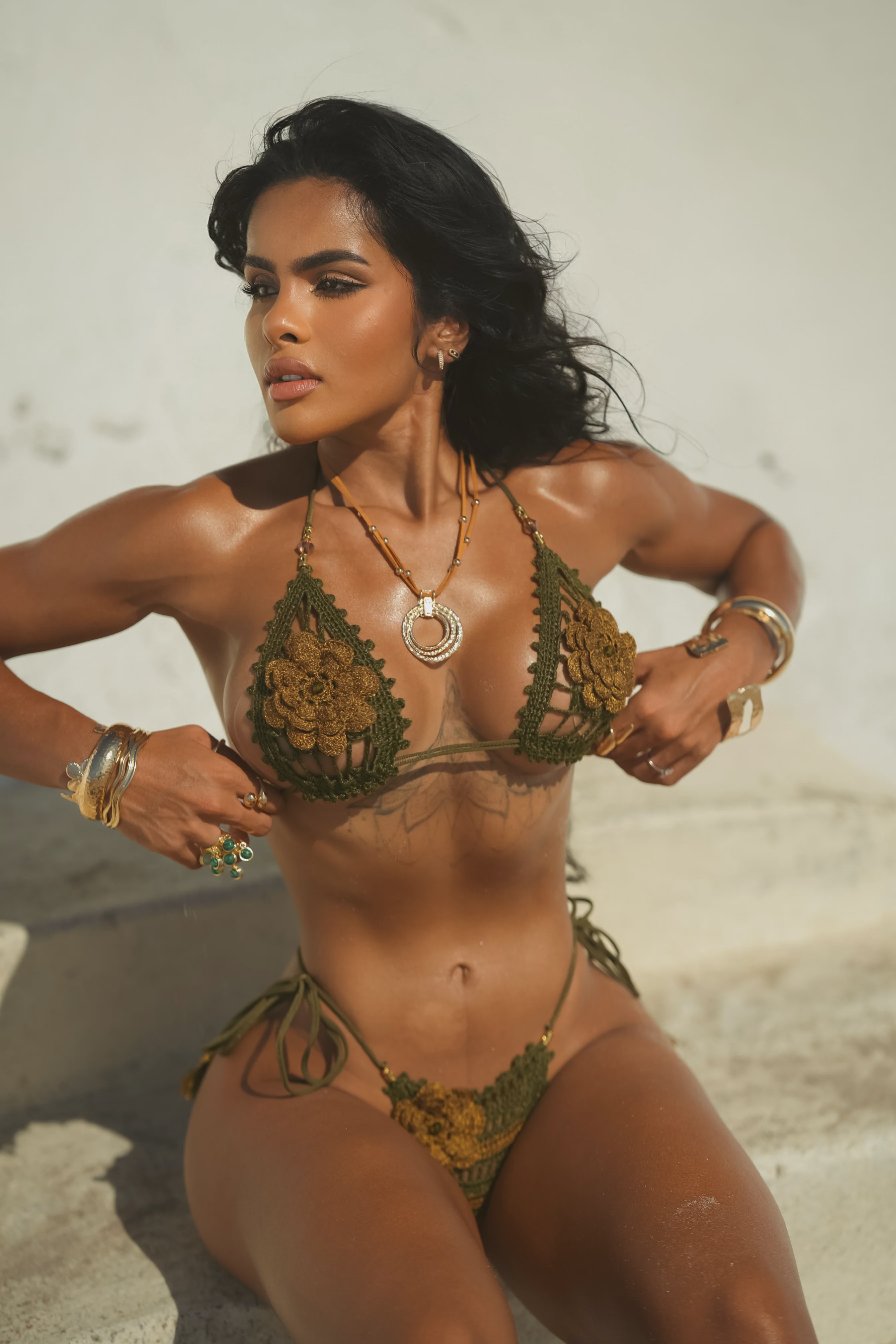 Crochet 3D Flower Halter Tie-side bikini set