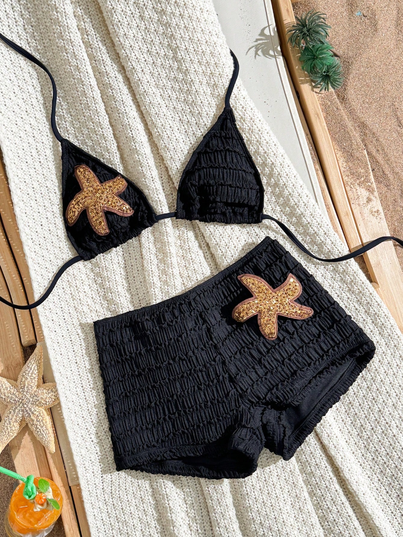 Ruffled Textured Starfish Halter Bikini Set