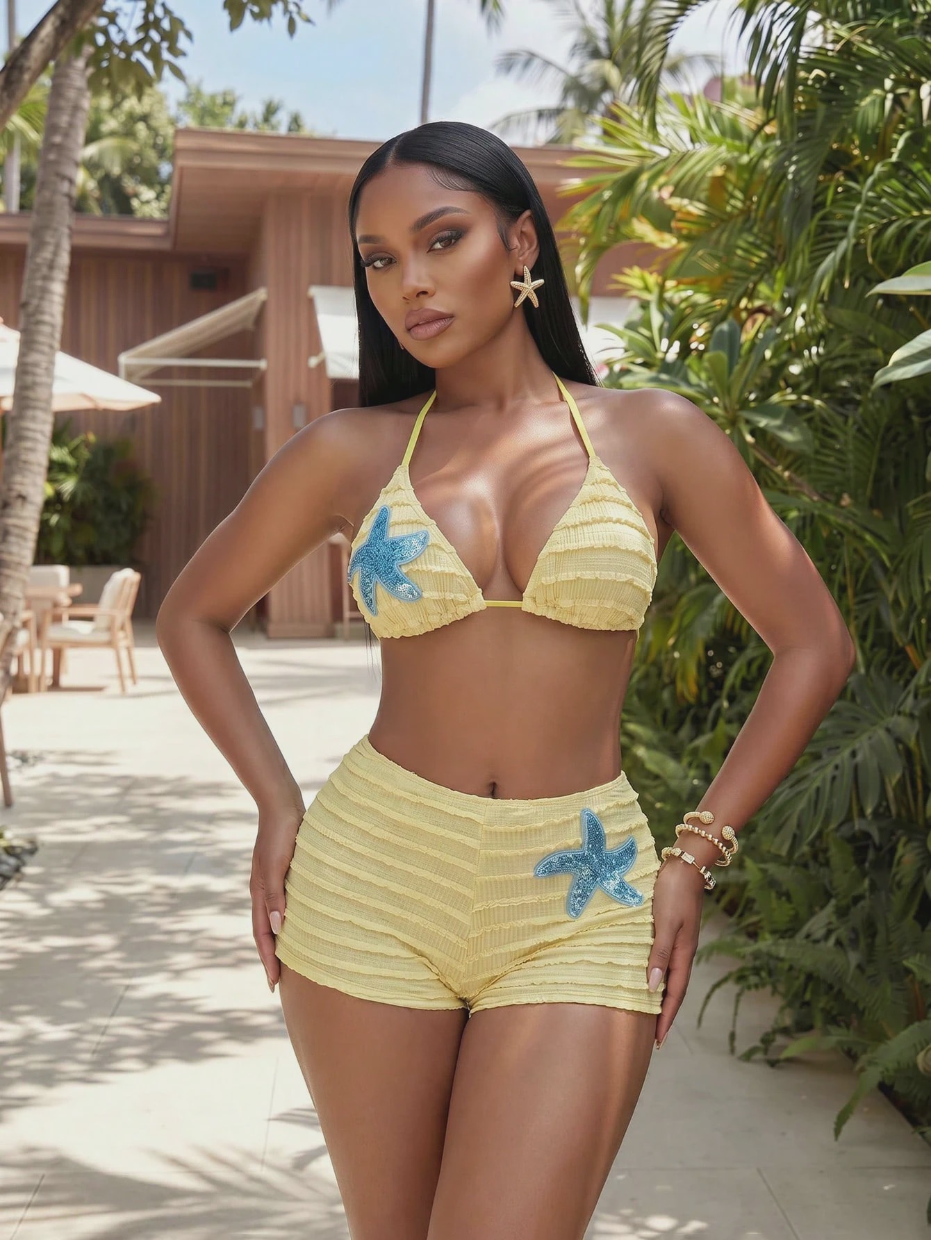 Ruffled Textured Starfish Halter Bikini Set