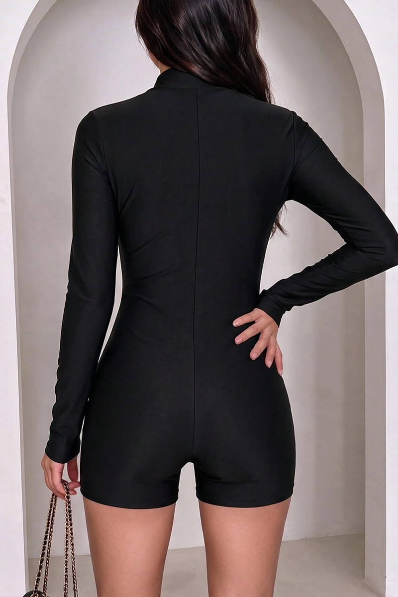 Metallic Black Zip-Front Long-Sleeve Shaping Romper