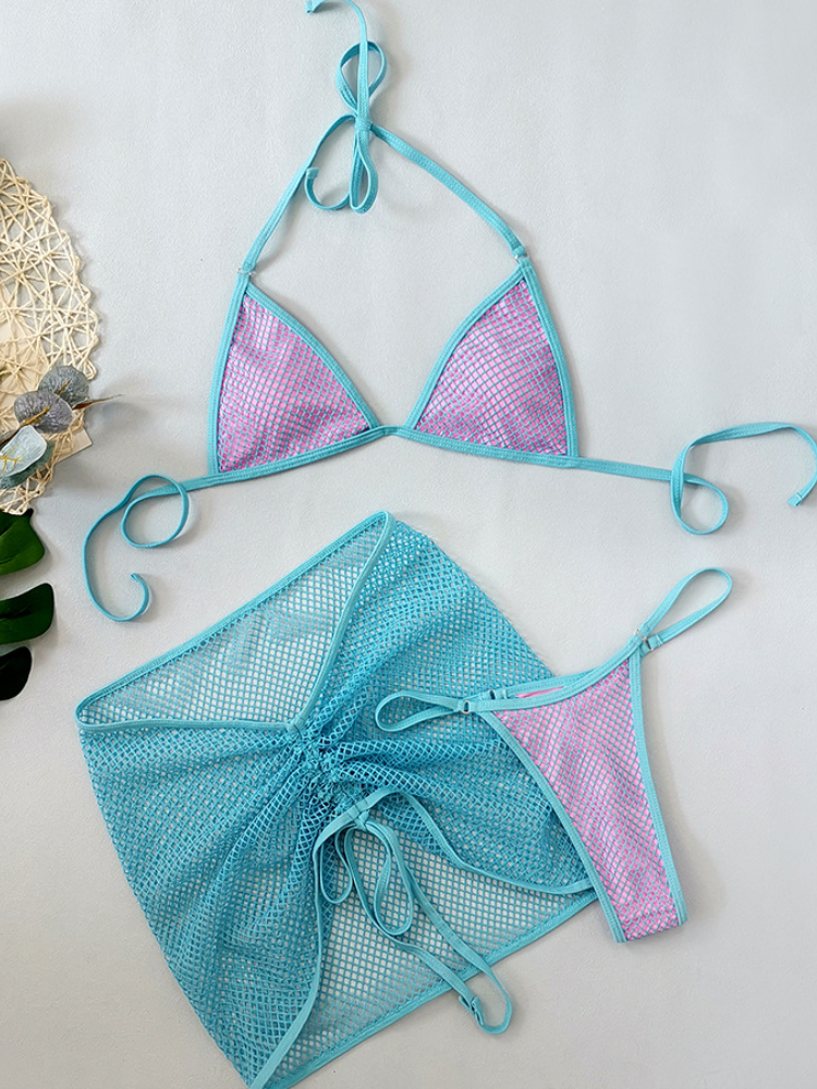 Neon Colorblock Mesh Bikini with Drawstring Cover-Up Skirt