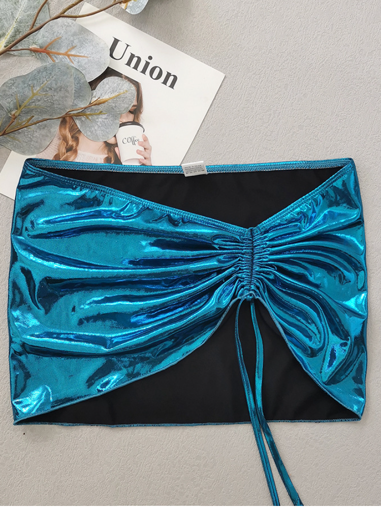 Metallic Teal Drawstring Bikini with Matching Ruched Cover-Up Skirt