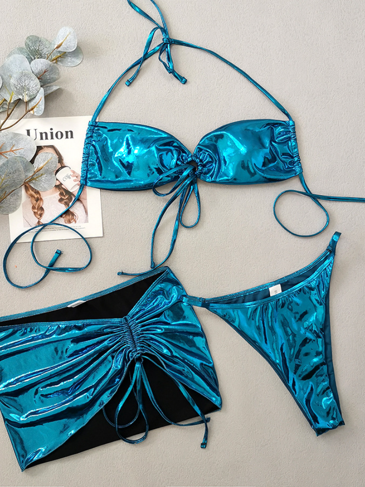 Metallic Teal Drawstring Bikini with Matching Ruched Cover-Up Skirt