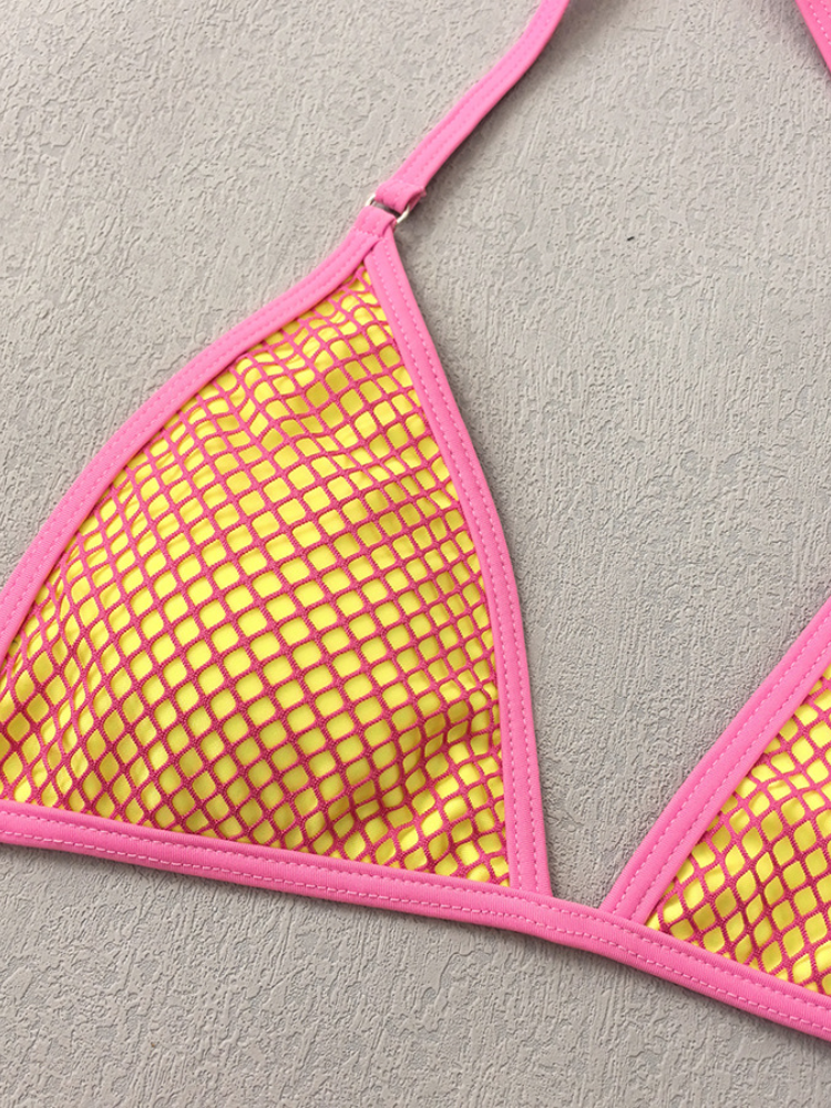 Neon Colorblock Mesh Bikini with Drawstring Cover-Up Skirt
