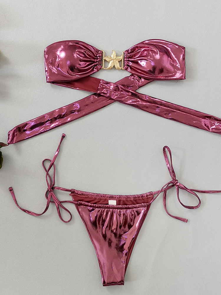 Metallic Bandeau Bikini with Starfish Hardware & Tie-Side Bottoms