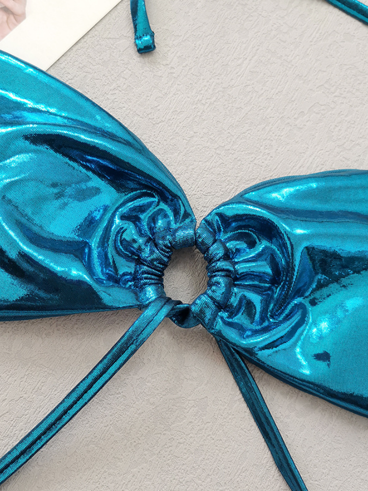 Metallic Teal Drawstring Bikini with Matching Ruched Cover-Up Skirt