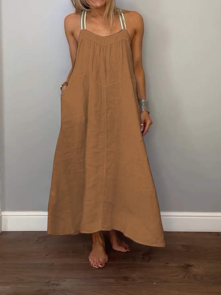 Women Solid Cotton and Linen Slip Dress