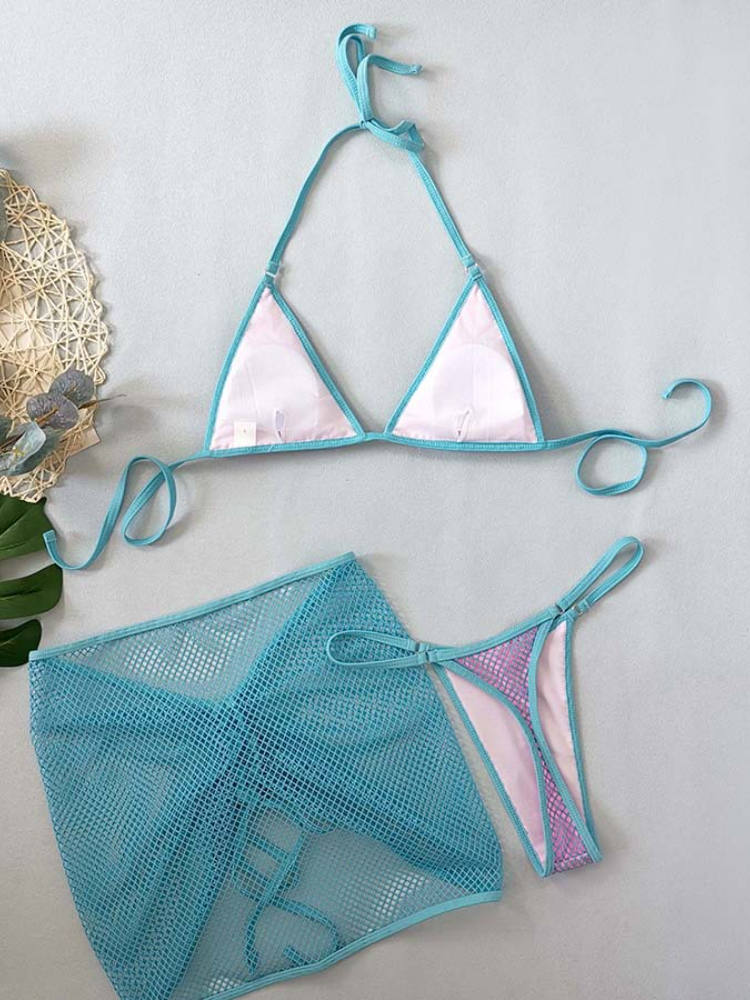 Neon Colorblock Mesh Bikini with Drawstring Cover-Up Skirt
