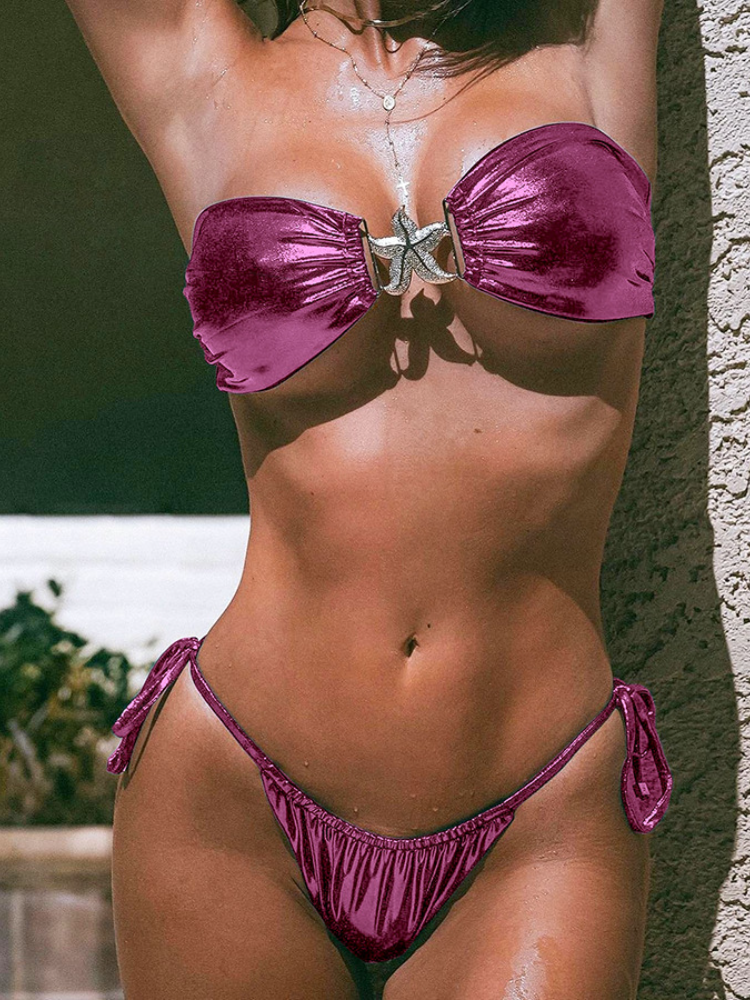 Metallic Bandeau Bikini with Starfish Hardware & Tie-Side Bottoms