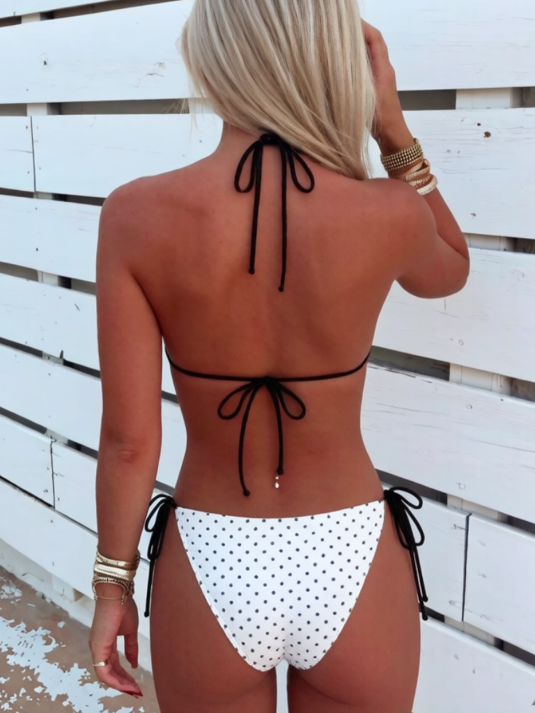 White Polka Dot Triangle Bikini Set With Black Lace Trim