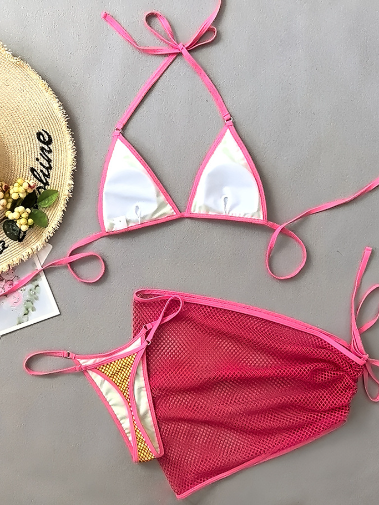 Neon Colorblock Mesh Bikini with Drawstring Cover-Up Skirt