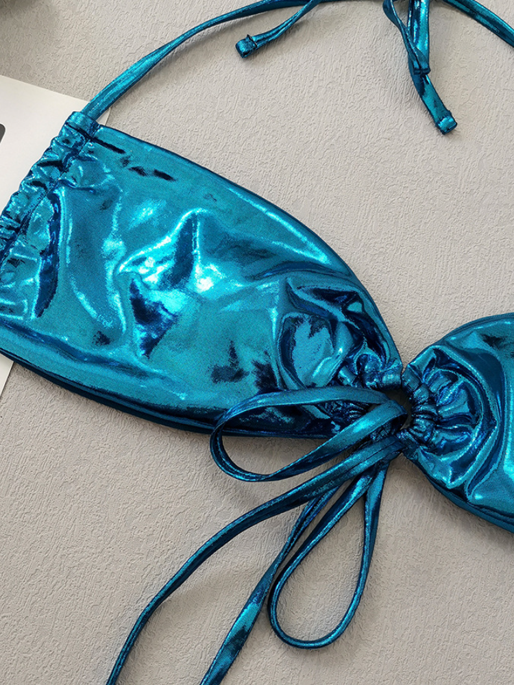 Metallic Teal Drawstring Bikini with Matching Ruched Cover-Up Skirt