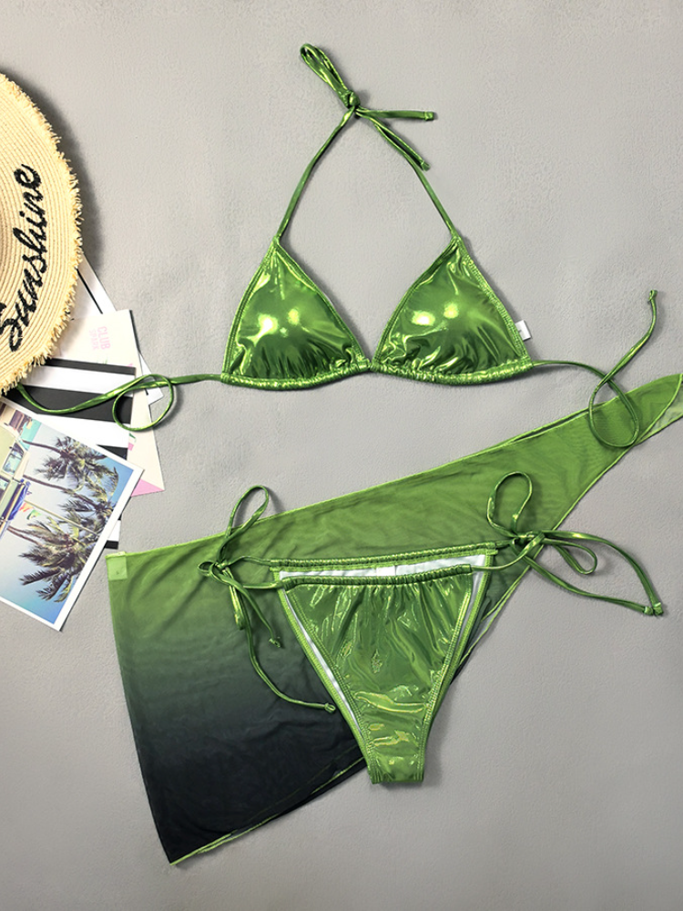 Metallic Green Triangle Bikini with Ombre Mesh Sarong Cover-Up