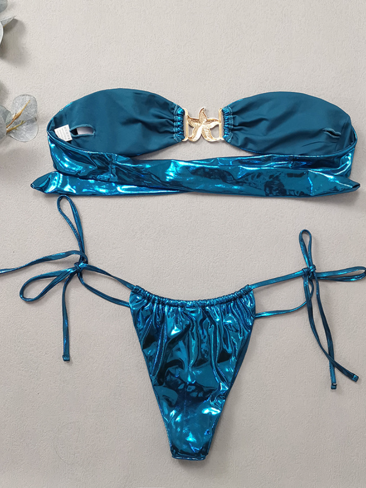 Metallic Bandeau Bikini with Starfish Hardware & Tie-Side Bottoms