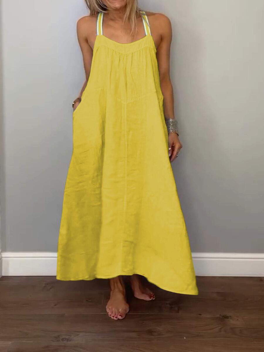 Women Solid Cotton and Linen Slip Dress