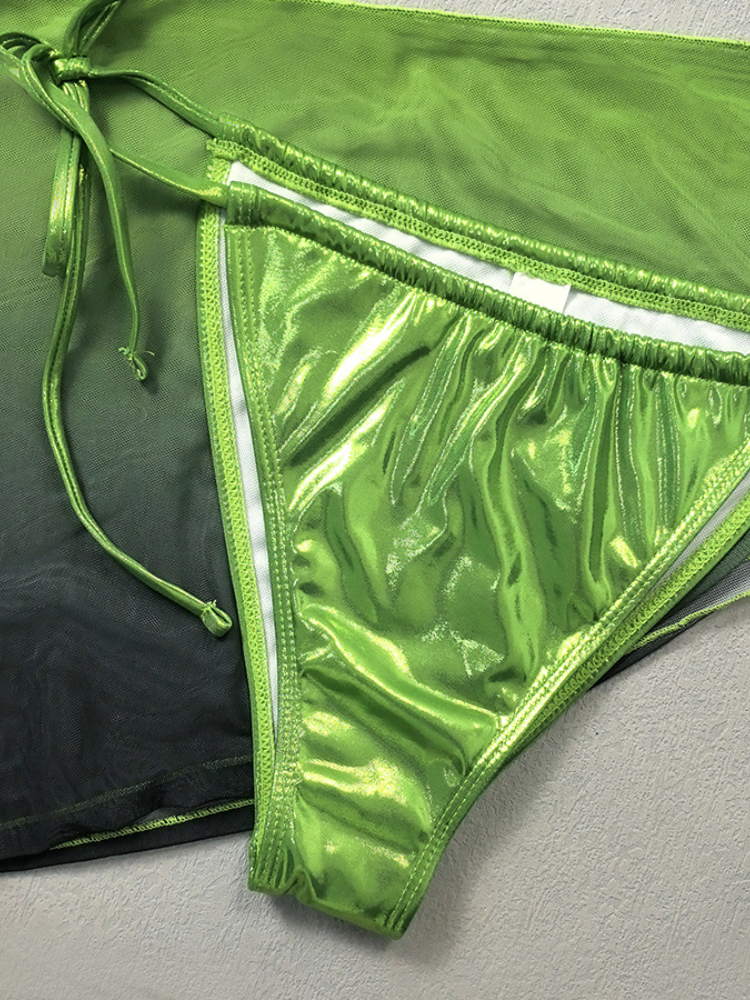 Metallic Green Triangle Bikini with Ombre Mesh Sarong Cover-Up