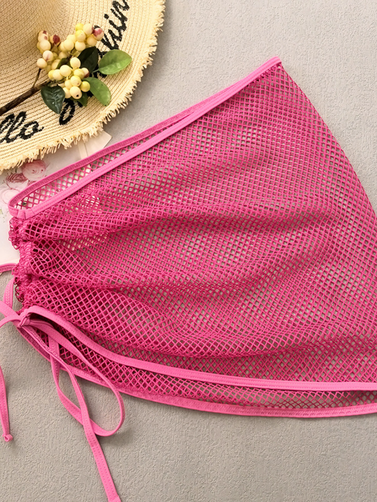 Neon Colorblock Mesh Bikini with Drawstring Cover-Up Skirt