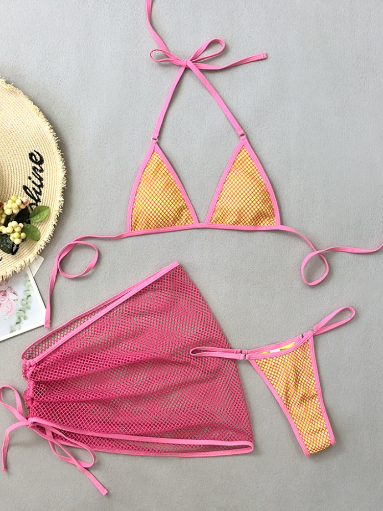 Neon Colorblock Mesh Bikini with Drawstring Cover-Up Skirt