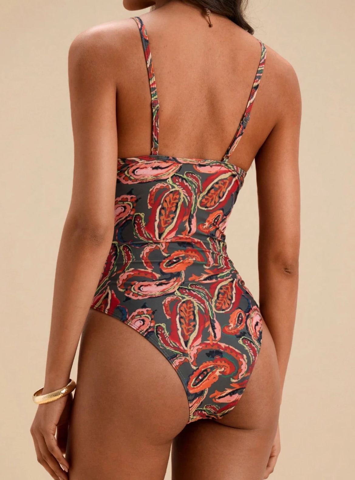 Cashew Flower Print Ruched Spaghetti Strap One Piece Swimsuit