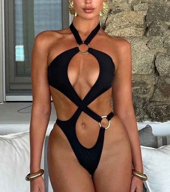 Halter One-Piece Swimsuit With Ring And Cutout Detail