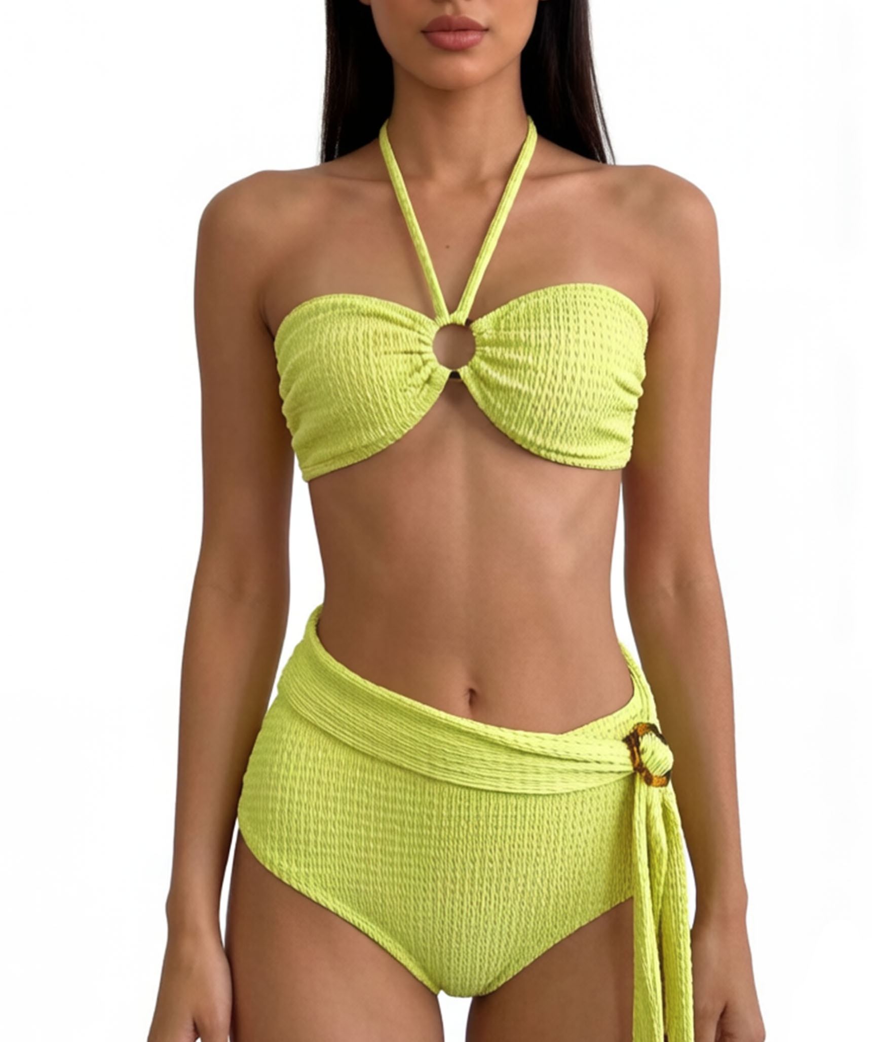 Textured Halter Bandeau High Waist 2 Piece Bikini Set with Wrap Belt