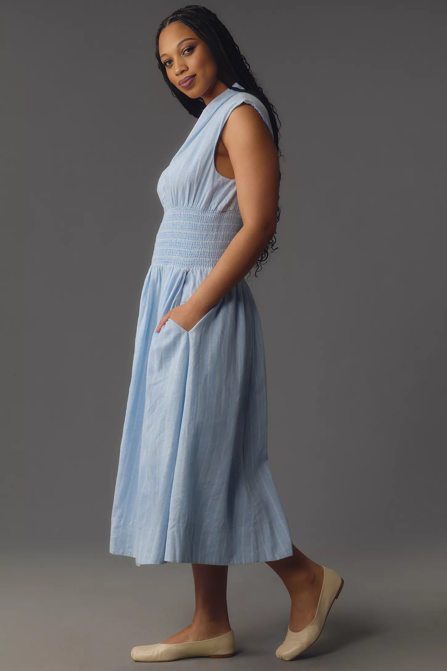 Cap-Sleeve Smocked Front-Zip Shirt Dress(BUY 2 FREE SHIPPING)