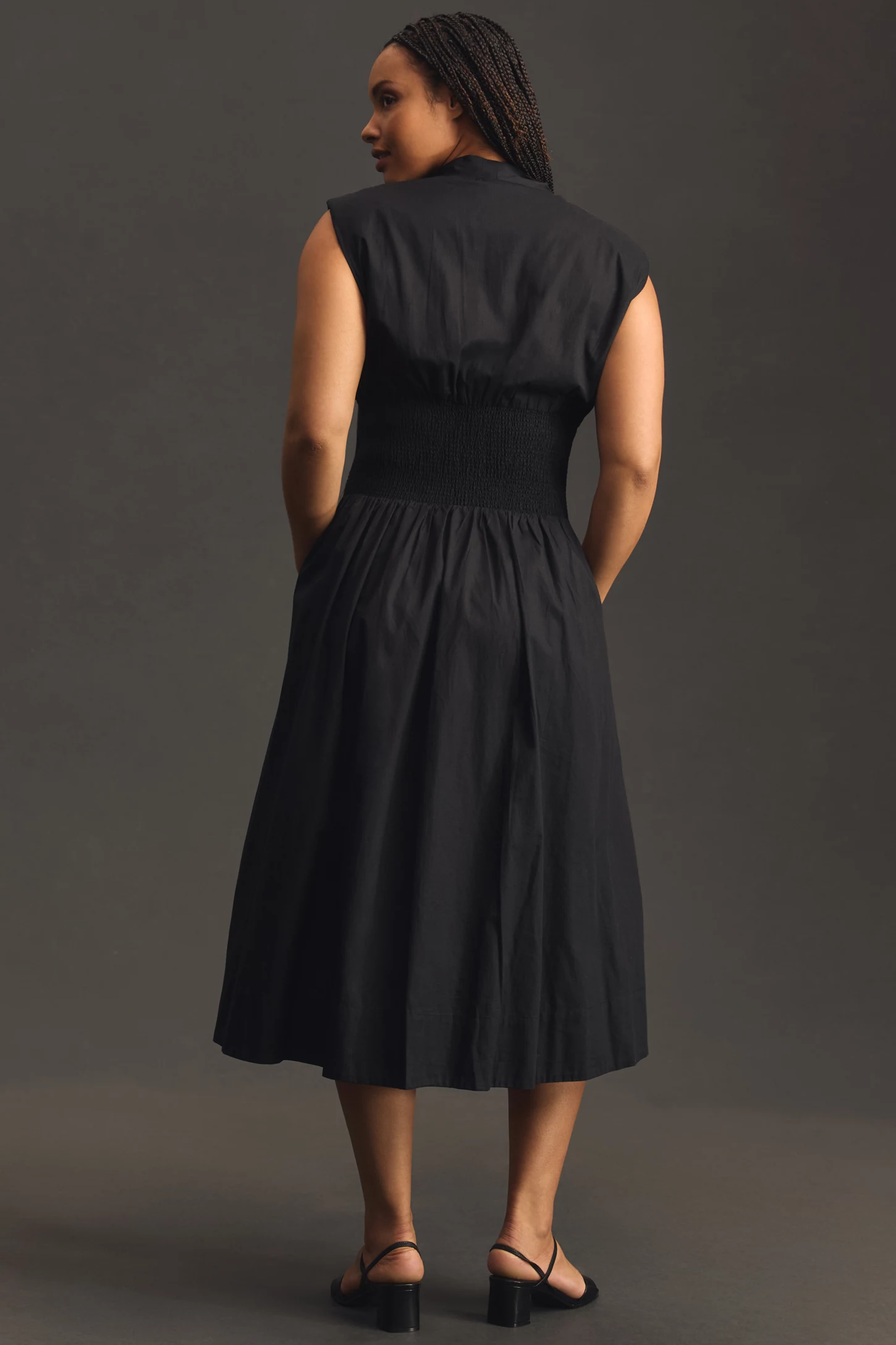 Cap-Sleeve Smocked Front-Zip Shirt Dress(BUY 2 FREE SHIPPING)