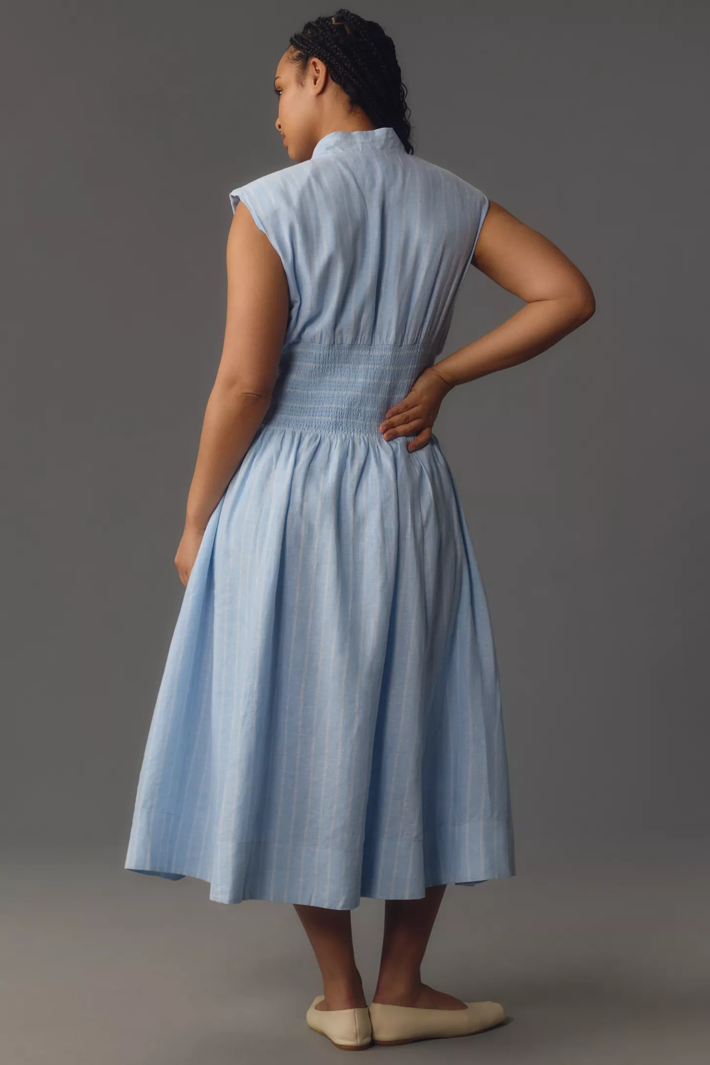 Cap-Sleeve Smocked Front-Zip Shirt Dress(BUY 2 FREE SHIPPING)
