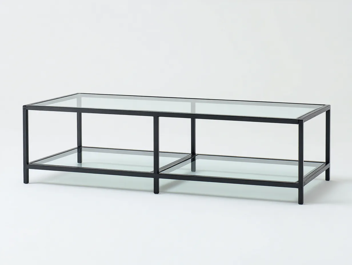 Couchtisch Glas Metall 118x53x43 cm - schwarz und klarglas - rechteckig mit geteilter Ablage