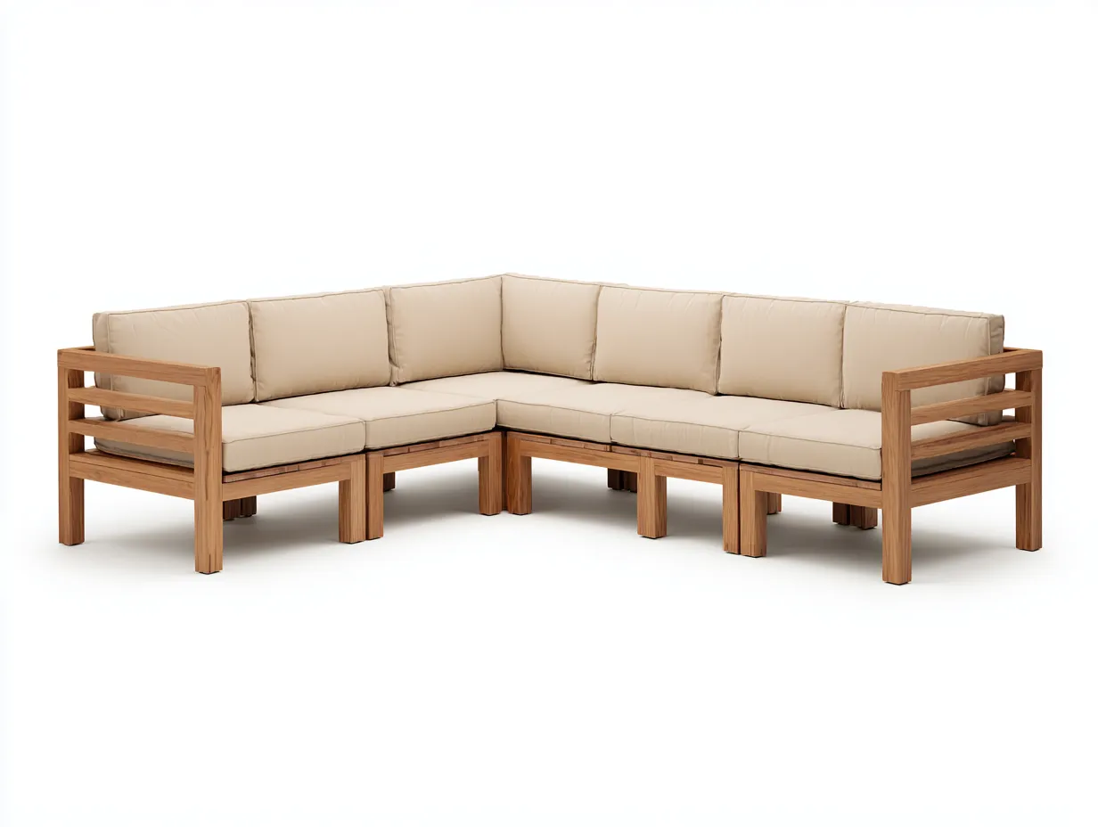 Ecksofa mit Holzrahmen 285x210x78 cm - Creme und Naturholz - Outdoor-Lounge für Garten