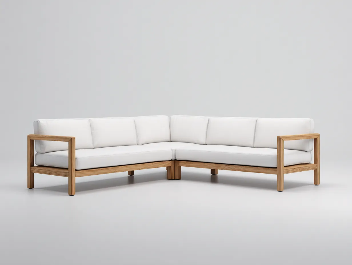 Ecksofa aus Holz 318x232x80 cm - Weiß und Naturholz - moderne Terrassenform