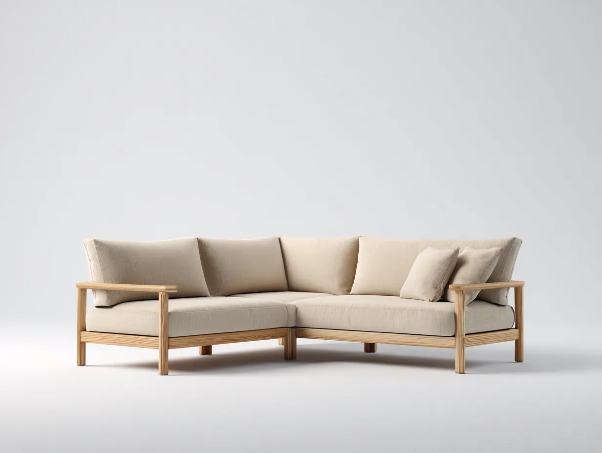 Ecksofa mit dunklem Holzrahmen 330x245x78 cm - Beige und Dunkelbraun - für Terrasse