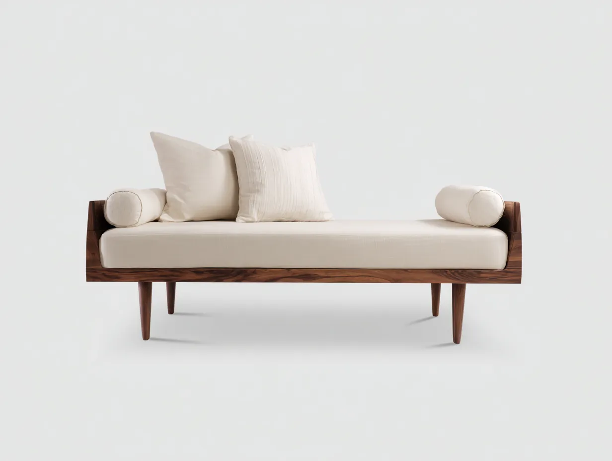 Sitzbank aus Holz 215x75x66 cm - Holzbraun und Cremeweiß - gepolstert für Schlafzimmer