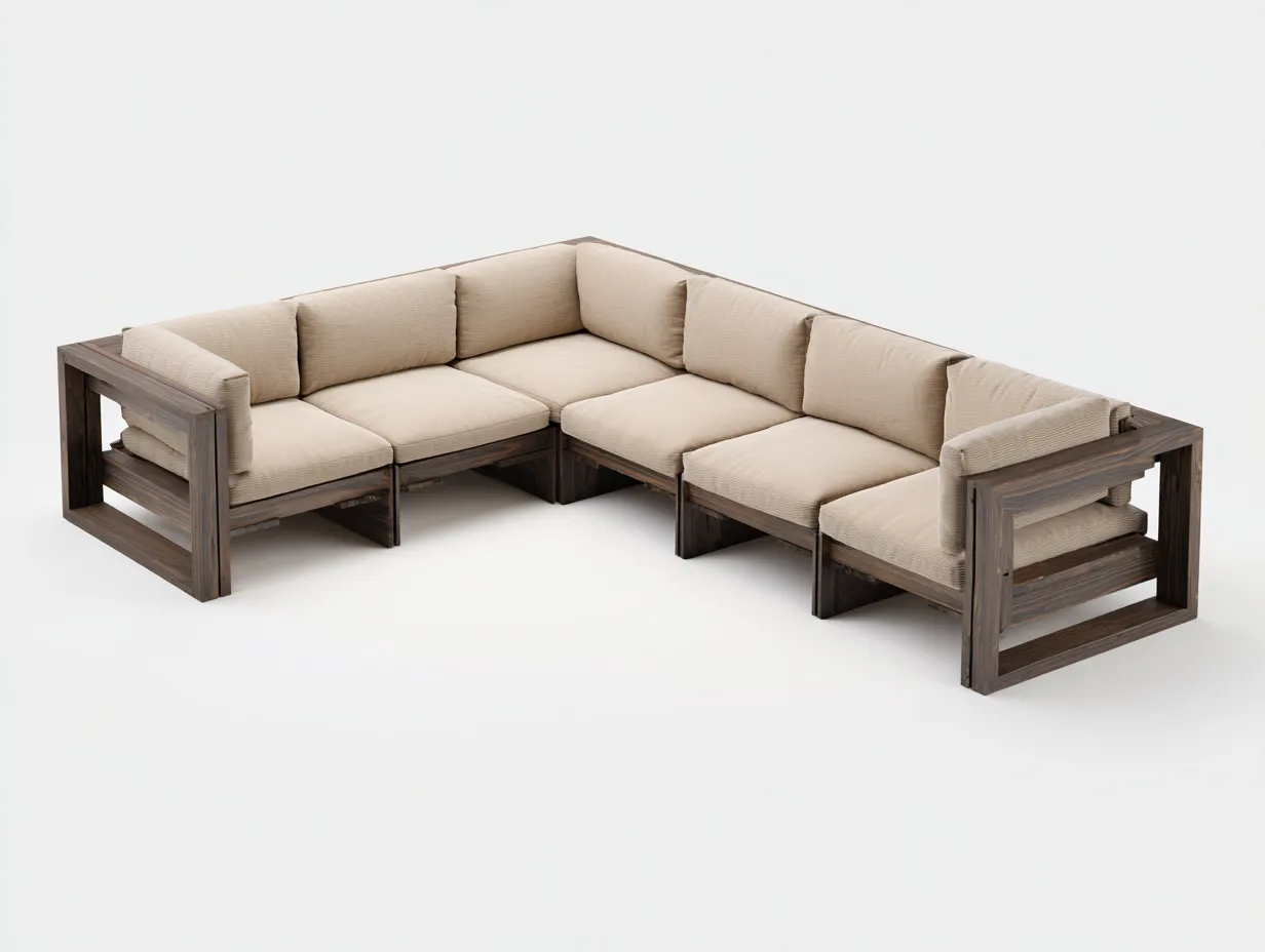 Ecksofa aus hellem Holz 315x235x80 cm - Beige und Naturholz - modularer Outdoor-Stil