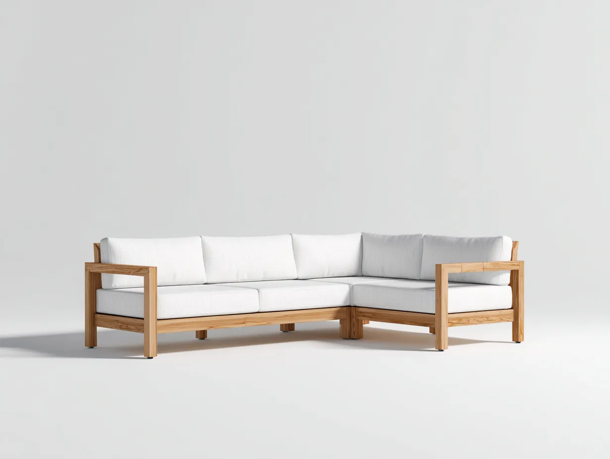 Ecksofa mit Holzrahmen 292x218x77 cm - Weiß und Naturholz - für geschützte Terrasse