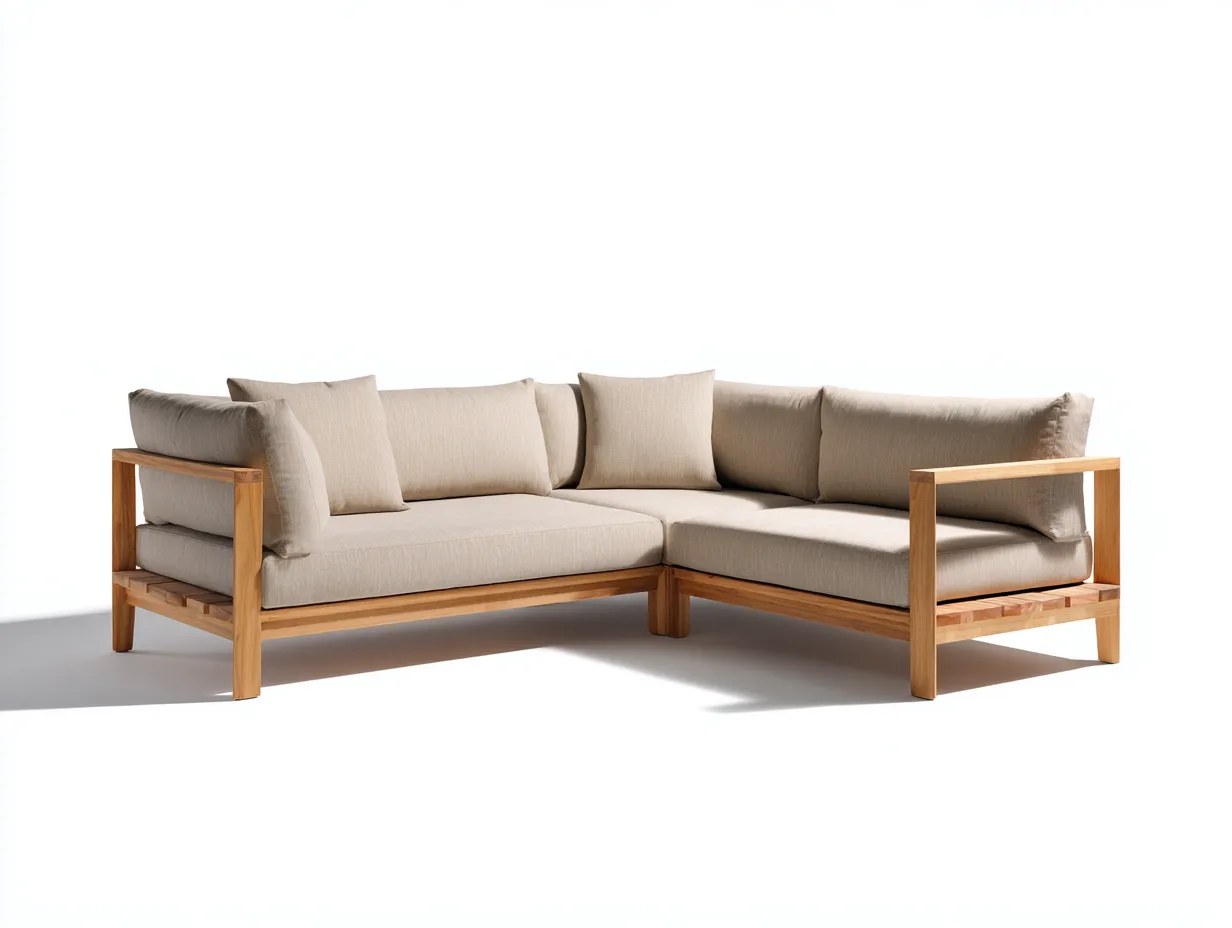 Ecksofa mit Holzgestell 300x230x79 cm - Beige und Holzbraun - wettergeschützte Gartenlounge